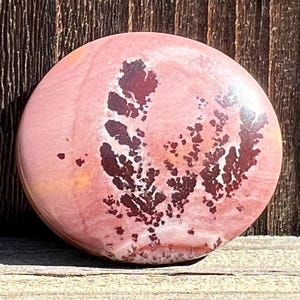 May include: A round, polished stone with a pink base color and dark maroon-colored patterns. The stone has a smooth surface and is set against a wooden background. The patterns resemble a fern or leaf design.