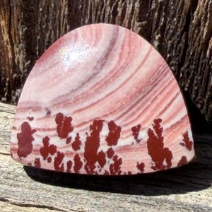 May include: A polished, semi-circular gemstone with a unique pattern. The stone features swirling bands of light pink and white, with dark red splotches at the base. The gemstone is likely used for jewelry or decorative purposes.