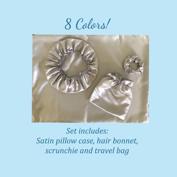 Satin Hair Set: Pillowcase, Hair Bonnet, Scrunchie and Travel Bag
