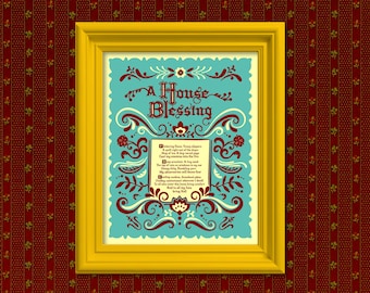 Subversive Scandinavian-Style “House Blessing” Art Print in TEAL BLUE – Cozy & Chaotic Folk Art Home Decor