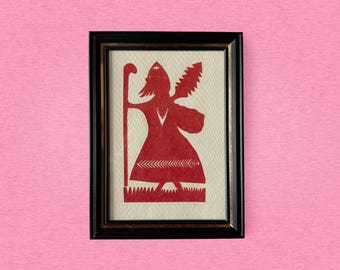 Vintage Scherenschnitte Paper Cut, Framed Nordic Santa Folk Art, Handmade Scandinavian Christmas Decor
