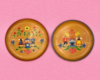 Vintage Hand-Painted West German Folk Art Wall Plates, Pair of Bavarian Wooden Plaques