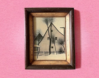 Vintage Jacques Deperthes Framed Winter Farm Lithograph