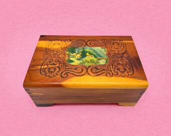 Vintage Hand-Carved Cedar Trinket Box, Storybook Wood Keepsake Box, Folk Art Decor