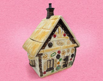 Vintage Gingerbread House Cookie Jar, Hand-Painted 1980s Duncan Ceramic Canister, Fairytale Cottage Kitchen Decor