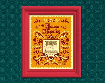 Subversive Scandinavian-Style “House Blessing” Art Print in ORANGE – Cozy & Chaotic Folk Art Home Decor