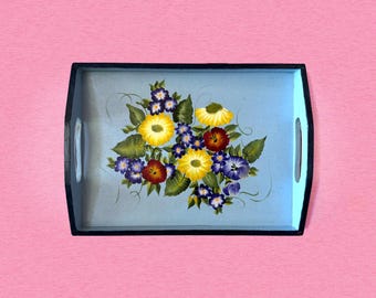 Vintage Hand-Painted Wooden Floral Serving Tray, Cottagecore Blue Tea Tray, Folk Art Decor
