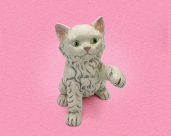 Vintage 1980s White Ceramic Kitten Figurine with Green Eyes, Hand-Painted Signed Cat Sculpture