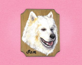 Vintage Hand-Painted Dog Wall Plaque, Folk Art White Dog Named Sam