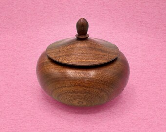 Vintage Hand-Turned Sipo Mahogany Lidded Box, German Wooden Keepsake Vessel, Sculptural Wood Mid-Century Decor