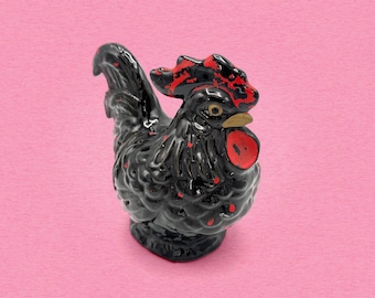 Vintage Japanese Black Rooster Toothpick Holder, Mid-Century Ceramic Kitchen Decor, Glossy Folk Art Chicken