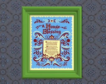 Subversive Scandinavian-Style “House Blessing” Art Print in BLUE – Cozy & Chaotic Folk Art Home Decor