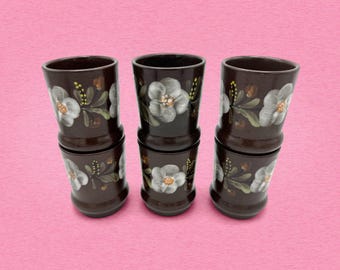 Vintage Hungarian Városlőd Majolica Cups, Set Of 6, Hand-Painted Floral Pottery