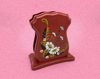 Vintage Hand-Painted Scandinavian Style Wooden Napkin Holder, Floral Letter Organizer, Signed Folk Art