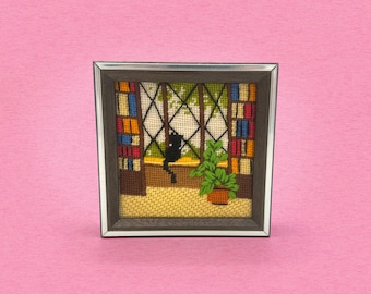 Vintage Cat Needlepoint, Mini Framed 1970s Needlepoint Art, Cozy Bookshelf & Plant, Retro Folk Art