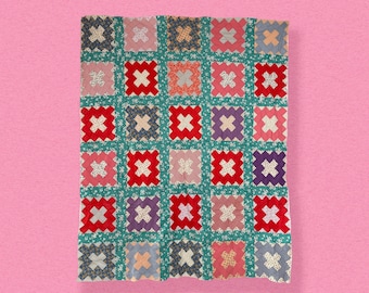 Vintage Feed Sack-Inspired Album Four Patch Quilt Top, Handmade Patchwork Cotton Quilt, Cottagecore Farmhouse Decor