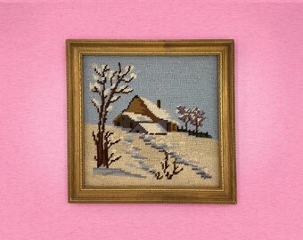 Vintage Framed Winter Needlepoint, Snowy Cabin Landscape, Gold-Gilt Frame, Cozy Cottage Wall Art