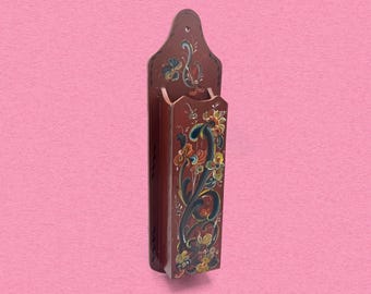 Vintage Norwegian Rosemaling Match Holder, Scandinavian Folk Art Wall Mounted Organizer, Fireside Storage