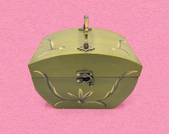 Vintage Hand-Painted Wooden Box, Olive Green Brass Handle, Folk Art Storage Container