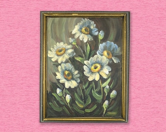 Vintage Flower Still Life Painting in Wood Frame, White Daisies on Black Background, Artist Signed, Boho Grannycore Cluttercore Decor