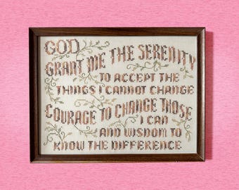 Vintage Framed Serenity Prayer Cross Stitch in Dark Wood Frame, Cozy Cottage Needlepoint Decor