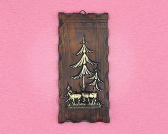 Vintage West German Black Forest Wood Wall Plaque with Metal Deer & Pine Trees, Rustic Chalet Decor