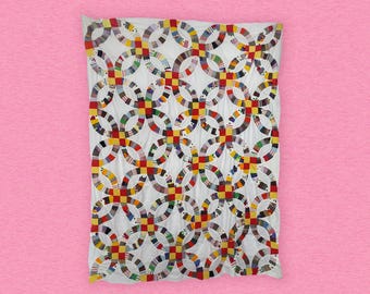 Vintage Double Wedding Ring 90x72 in. Quilt Top, Colorful Scrappy Patchwork, Hand-Pieced Quilt Top