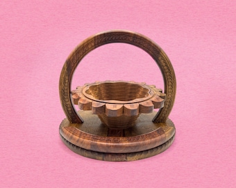 Vintage Hand-Carved Wooden Folding Basket, Collapsible Trivet, Folk Art Decor, Wooden Magic Trick