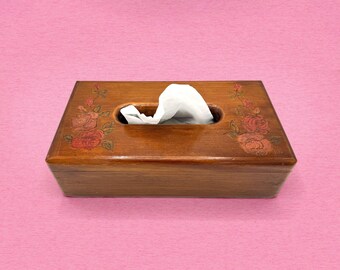 Vintage Hand-Painted Wooden Floral Tissue Box Cover, Folk Art Rose Tissue Box Holder