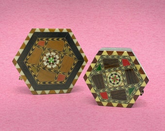 Pair of Vintage Hexagon Marquetry Wood Jewelry Boxes, Detailed Geometric Patterns, Mirrors and Red Felt Interior, Boho Witchy Magic
