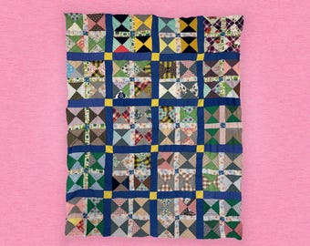 Vintage Hand-Pieced Hourglass Quilt Top, Scrappy Patchwork, Blue & Yellow, Folk Art Textile, Cottage Decor