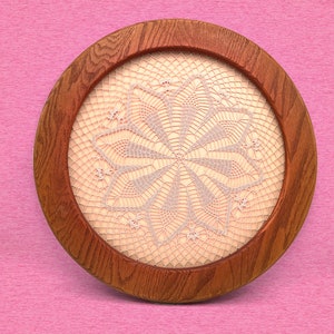 Vintage Crocheted Star Medallion in Round Wood Frame, Neutral Boho Handmade Circle Hygge Wall Art Decor