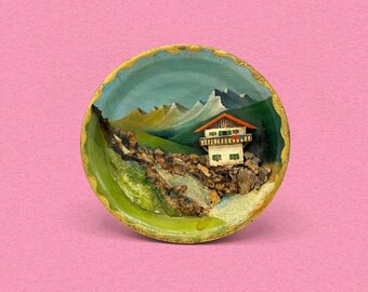 Vintage Swiss Alpine Chalet Wall Plaque, Hand-Painted Wooden Relief Plate, Austrian Folk Art