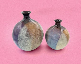 Vintage Mid Century Stoneware Globe Vases, Pair of Speckled Purple Gray Brown Pottery
