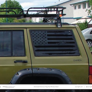 Distressed American Flag PrezisionCut® Vinyl Window Decal — Fits 1984-2001 Jeep Cherokee 4 Doors — No Trimming Required