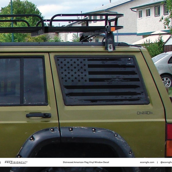 Distressed American Flag PrezisionCut® Vinyl Window Decal — Fits 1984-2001 Jeep Cherokee 4 Doors — No Trimming Required