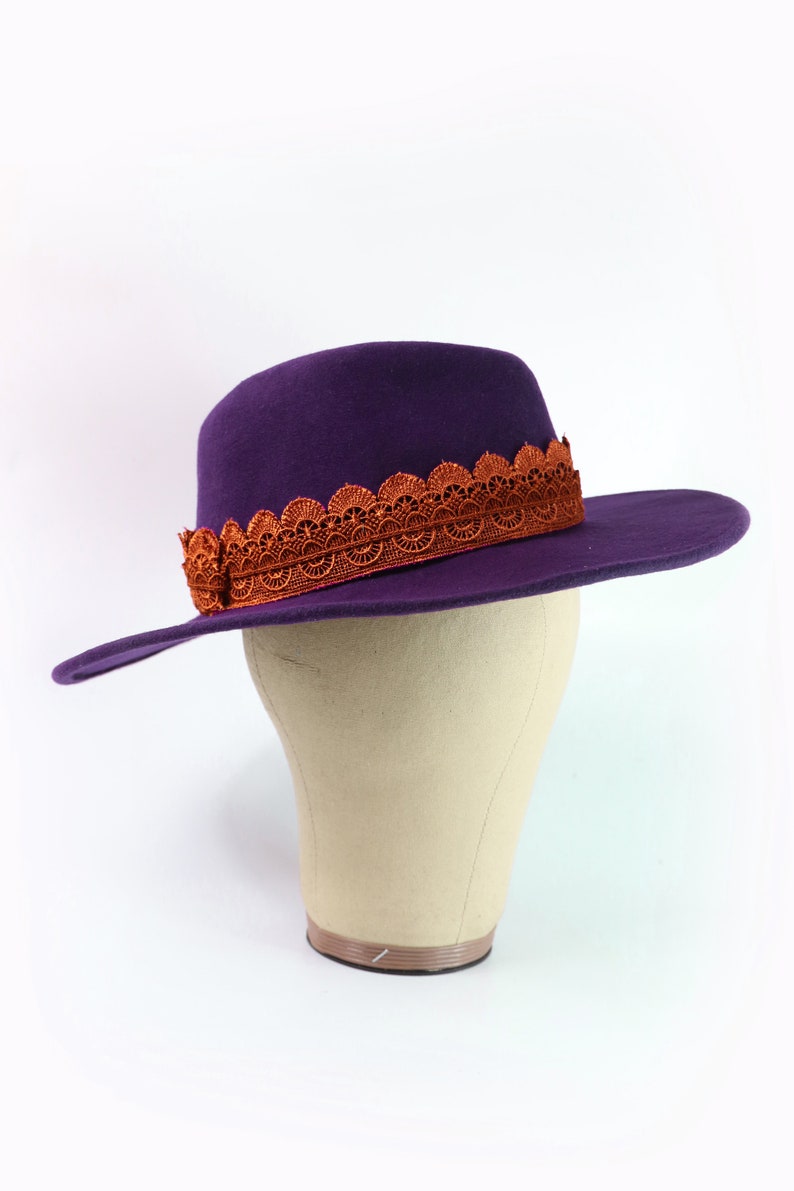 Indigo Autumn Winter hat. Handmade 100/% Wool Hat Lace Trimming Purple Fedora Hat