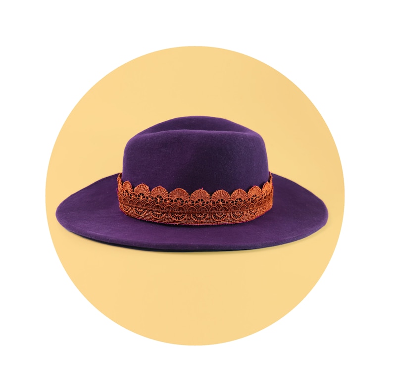 Indigo Autumn Winter hat. Handmade 100/% Wool Hat Lace Trimming Purple Fedora Hat