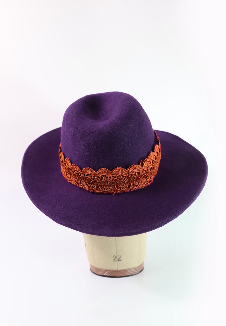 Indigo Autumn Winter hat. Handmade 100/% Wool Hat Lace Trimming Purple Fedora Hat