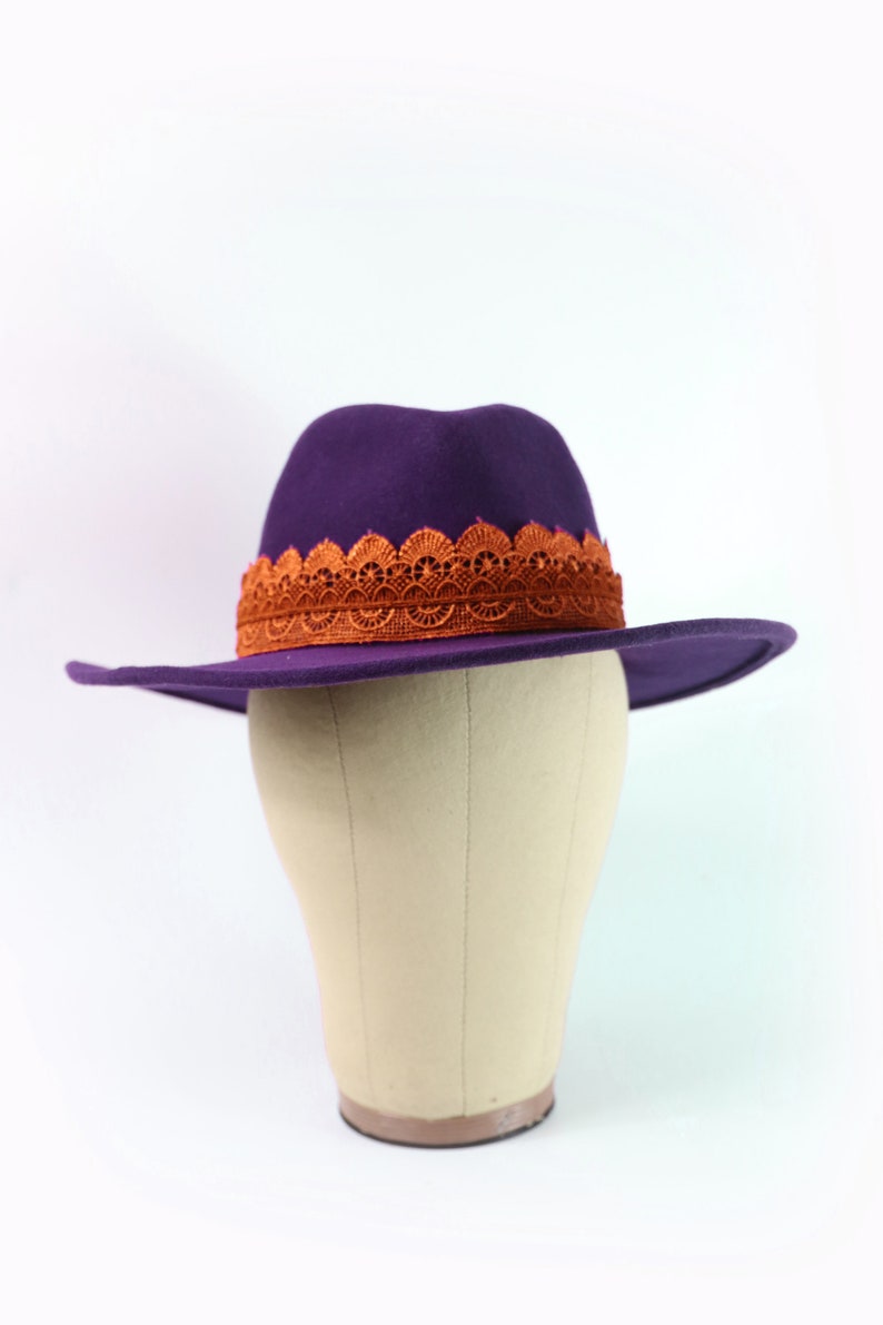 Indigo Autumn Winter hat. Handmade 100/% Wool Hat Lace Trimming Purple Fedora Hat