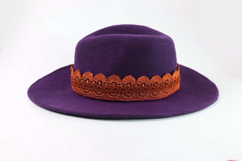 Indigo Autumn Winter hat. Handmade 100/% Wool Hat Lace Trimming Purple Fedora Hat