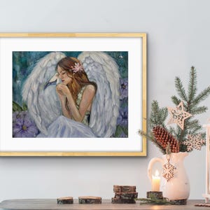 Angel Fine Art Print Safe Within My Wings, Matted Print,  Angel Painting, Angel Art, Spiritual, Angel Gift, Ready To Ship