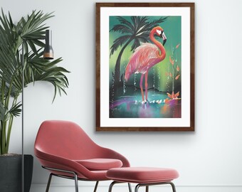 Flamingo Watercolor Giclée Print: Matted Flamingo Wall Art (8x10)