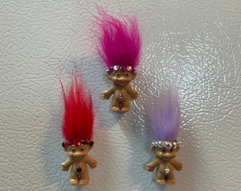 Vintage troll magnets, tiny troll magnets, retro troll doll, lucky troll doll, crystal troll, tiny troll dolls, cute fridge magnets, unique