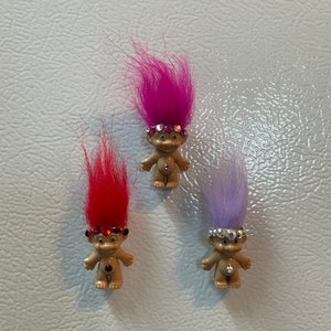 Vintage troll magnets, tiny troll magnets, retro troll doll, lucky troll doll, crystal troll, tiny troll dolls, cute fridge magnets, unique