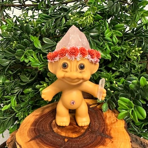 Vintage troll doll, crystal troll doll, rose quartz troll, lucky troll doll, flower troll doll, garden troll, garden gnome, unique gift