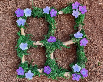 Handmade Mossed Fairy Garden Window with Purple Flowers
