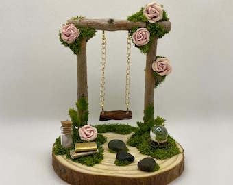Handmade Fairy Garden Swing: Miniature Rose Quartz Decor