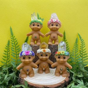 Crystal trolls, Garden trolls, flower trolls, lucky troll dolls, vintage trolls, Russ trolls, miniature trolls, rainbow trolls, fairy trolls
