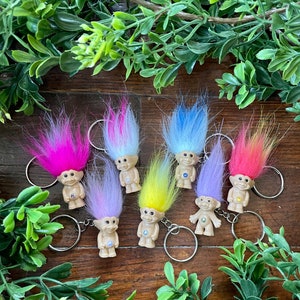 Vintage troll keychains, tiny troll dolls, troll keychain, lucky troll, retro troll doll, small troll, cute keychain, keyring, cute gift